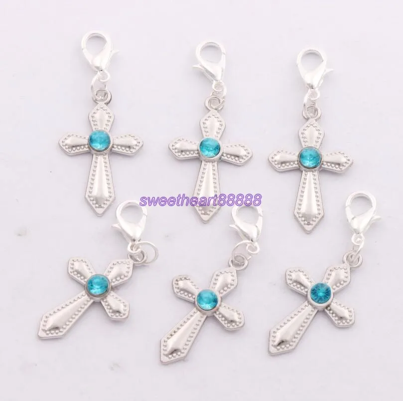 

48ps 6Colors Silver-Plated Rhinestone Sword Cross Clasp European Lobster Trigger Clip On Charm Beads C1554 16x40mm