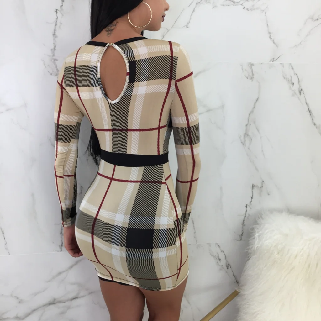 Женское джинсовое платье 2019 летнее с высокой талией длинным рукавом клетчатое