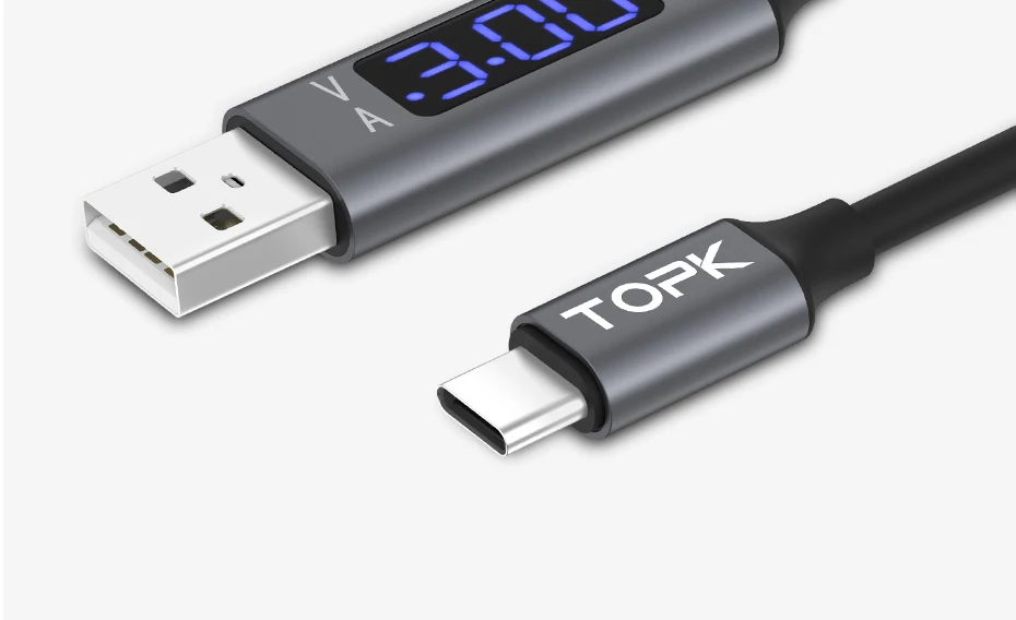 TOPK D-Line2 кабель usb type C, отображение напряжения и тока type-C кабель для быстрой зарядки и синхронизации данных USB-C для Xiaomi A1 samsung S9
