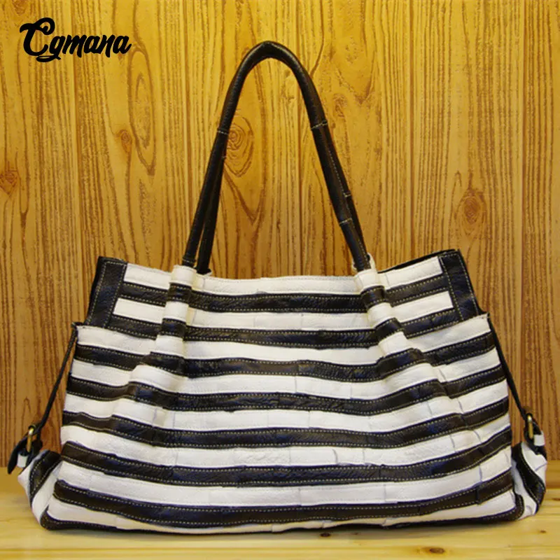 CGmana 100% Genuine Leather Women Handbag First Cowhide Fashion Striped Stitching Shoulder Bags Casual Tote | Багаж и сумки