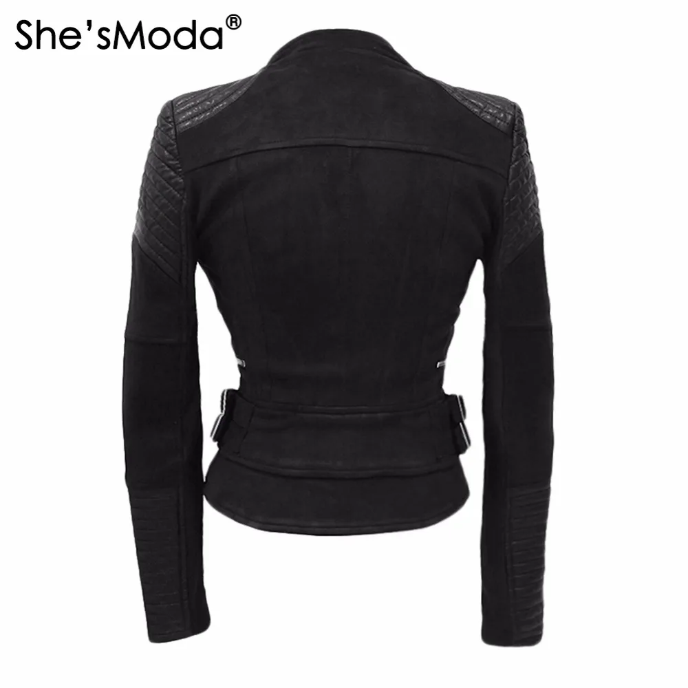 She'sModa искусственная замша мягкая наплечная кожаная куртка для женщин приталенное пальто с двойной молнией байкерские кожаные куртки черные