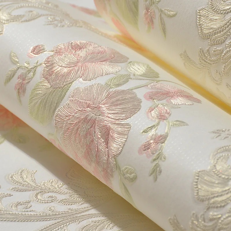 

Beibehang Modern Luxury Homes Decor European flowers ensional 3D wallpaper Bedroom Living room Embossed Pink Beige 3D wallpaper