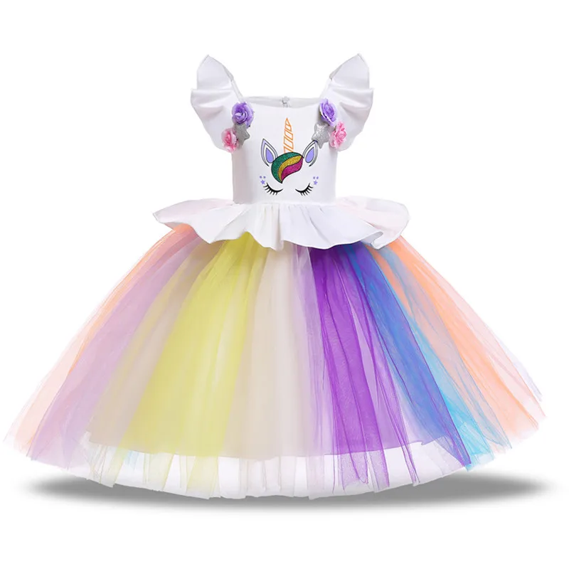 only white dress Рождественские детские платья для девочек, вечерние платья с единорогом, летние свадебные платья, детские костюмы косплей - Цвет: only white dress