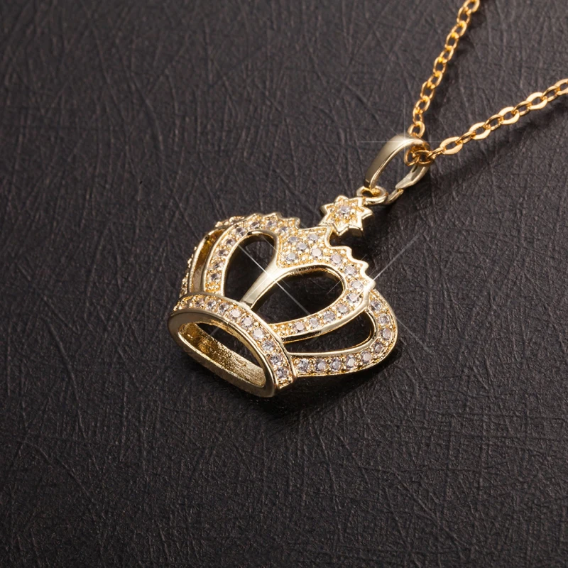 Новое желтое золото Цвет полный проложили прозрачные кристаллы Корона Rolo Chain Cross