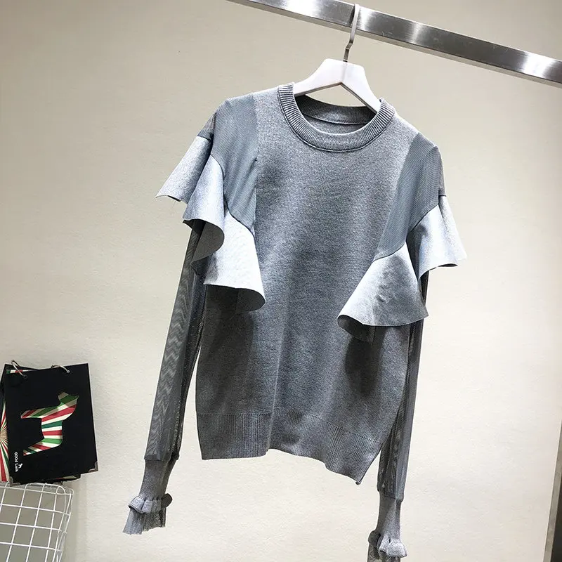 MAXDIROO Women Sexy Lace Ruffles Patchwork Pullover And Sweater Female Fashion Jumper Top Sueter Mujer See Through Sleeve | Женская