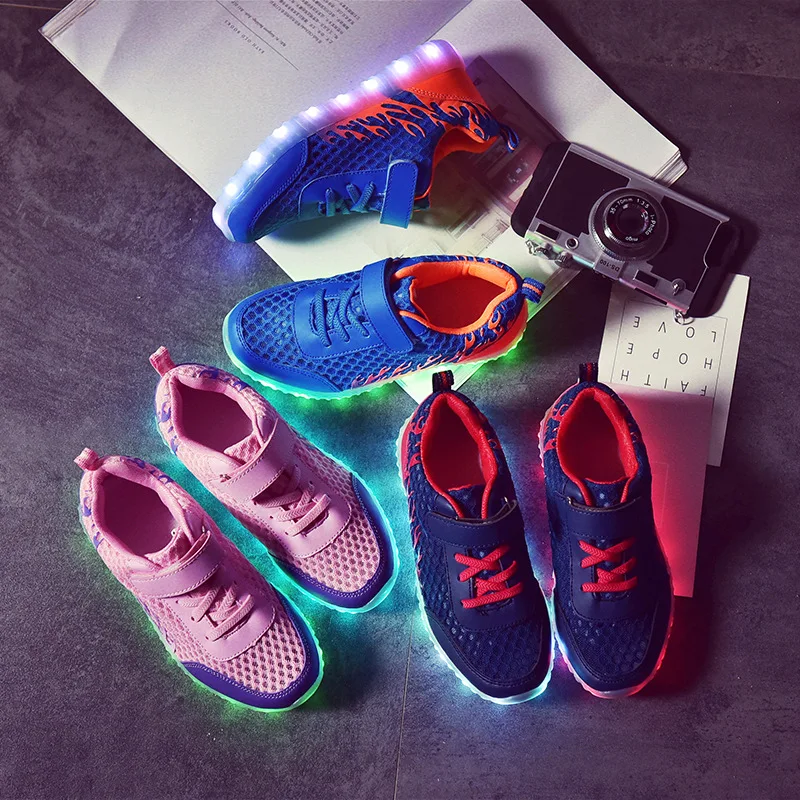 2018 Children USB Charging LED Light Up Casual Shoes Boys Girls Glowing Luminous Sneakers Air Mesh Breathable Tennis | Детская одежда и