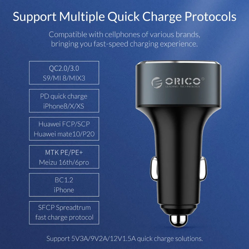 Автомобильное зарядное устройство ORICO QC3.0 Quick Charge Type C USB быстрое автомобильное для