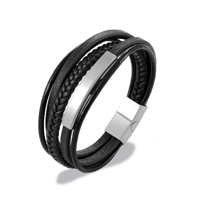 Silver Black Очаровательные Многослойные плетеные браслеты из натуральной кожи, мужские браслеты из нержавеющей стали на заказ, Женские Ювелирные изделия ручной работы - Окраска металла: Silver Black