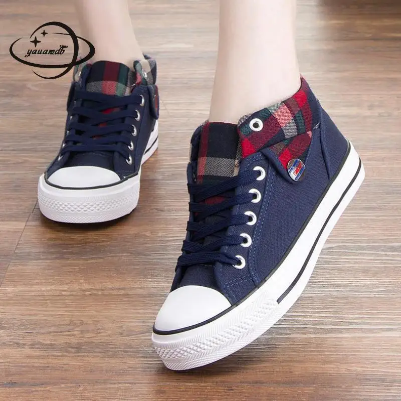 Туфли женские холщовые на шнуровке плоская подошва круглый носок высокий