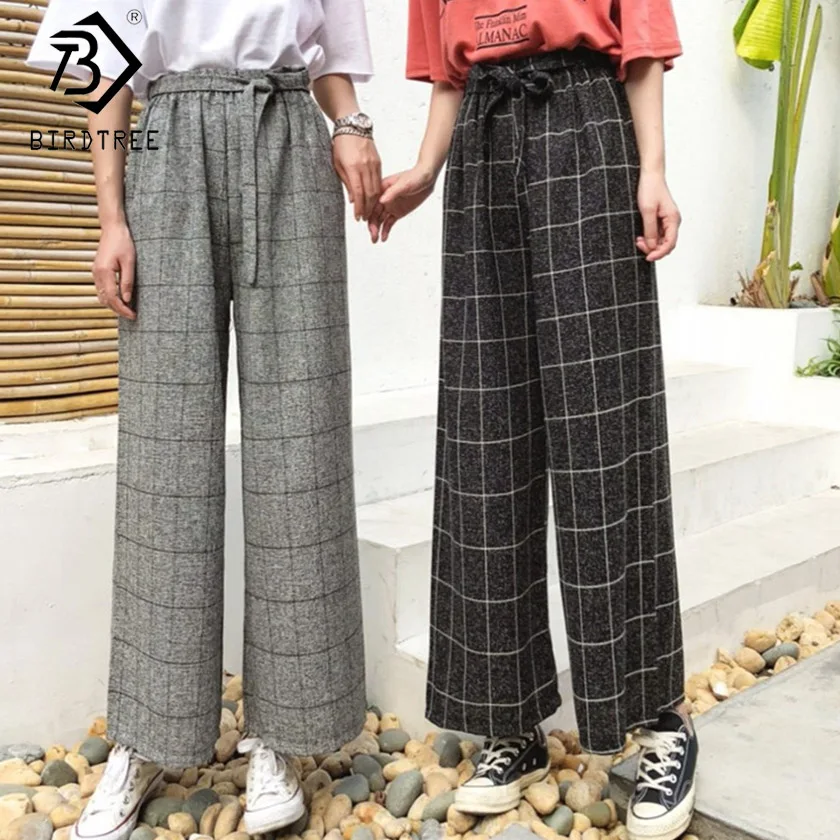 2019 г. весенние женские клетчатые брюки для девочек Высокая талия Drawstring лодыжки