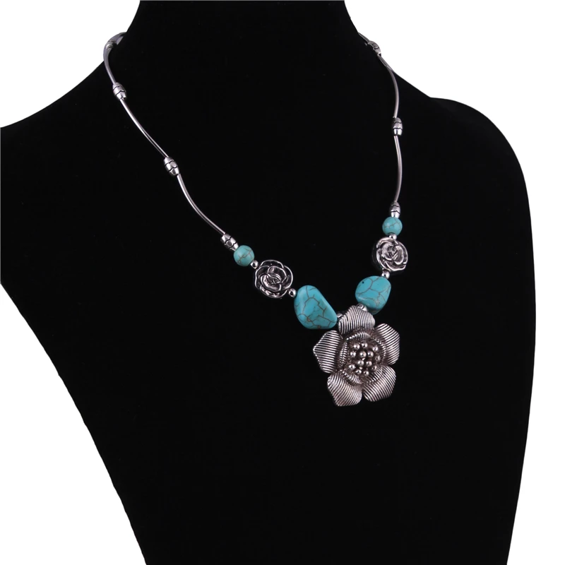 Tenande Vintage Tibet Silver Color Statement Natural Stone Big Flower Pendant Necklaces for Women Bohemian Gifts | Украшения и