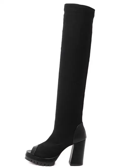 Женщины весна осень черный эластичная ткань peep toe над коленом платформы