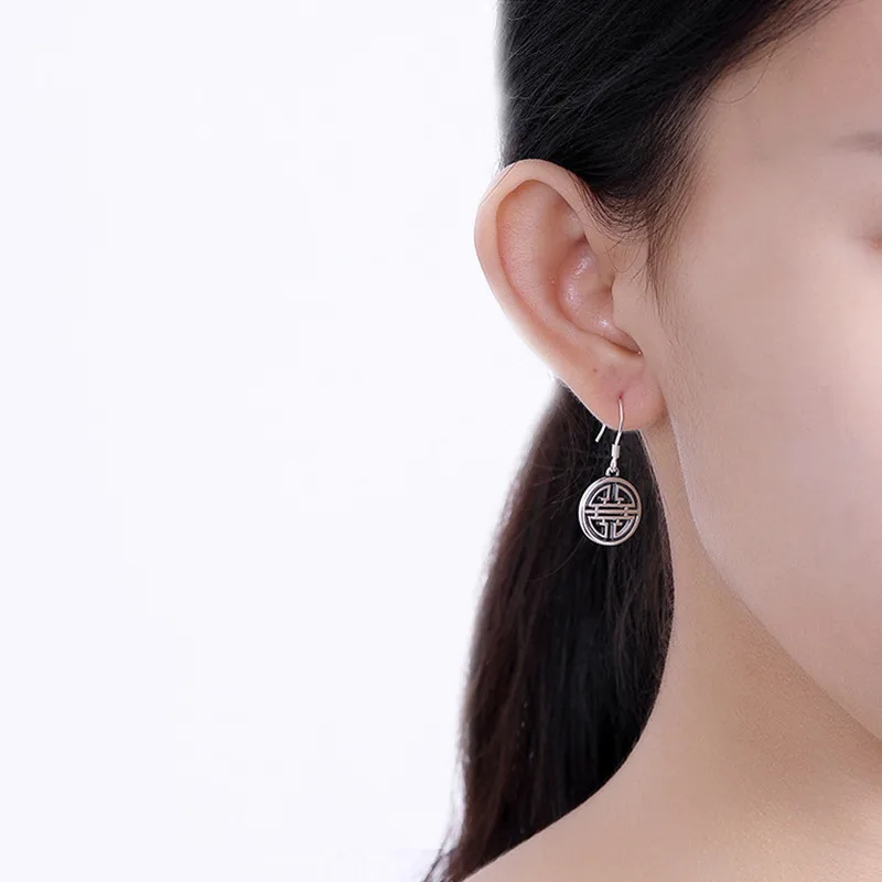 Uglyless Genuine Solid 925 Sterling Silver Round Fine Jewelry for Women Chinese Wind Longevity Earrings Hollow Medal | Украшения и
