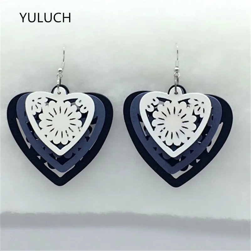 Новинка 2016 деревянные серьги подвески в форме сердца трехцветные длинные