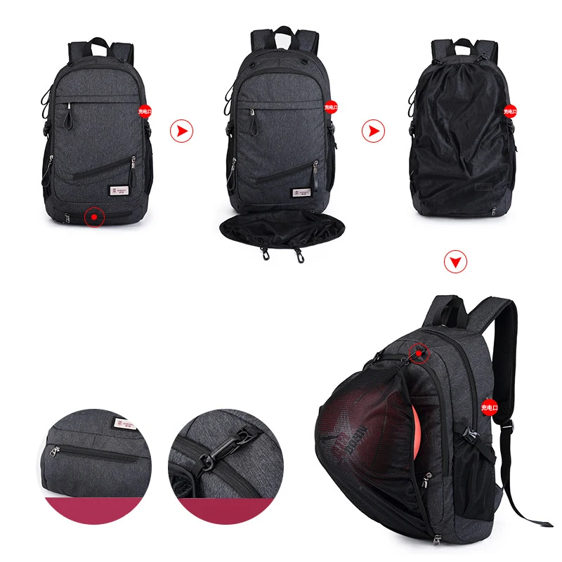 

2018 Sport Gym Backpack Men Basketball Fitness Backpack With USB Charging Football Net Laptop Bag School Bags For Teenager Boys