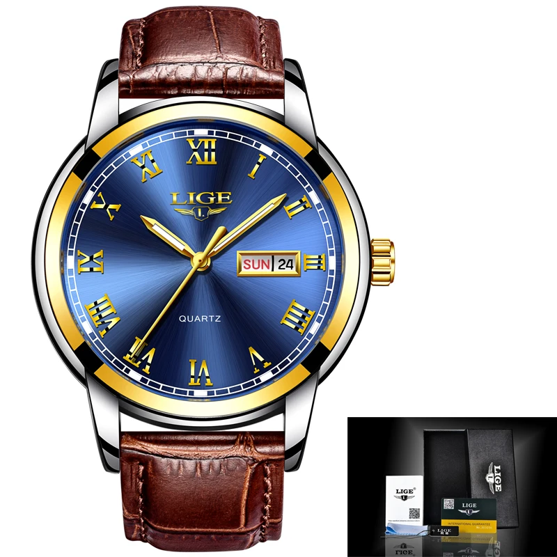 

2019 LIGE Hot Luxury Brand Quartz Watch Men Casual Leather Hodinky Week Clock Leather Waterproof Men Wristwatch Montre Homme+Box