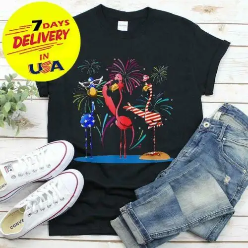 Забавный Фламинго американский флаг фейерверк 4 июля Футболка США независимости