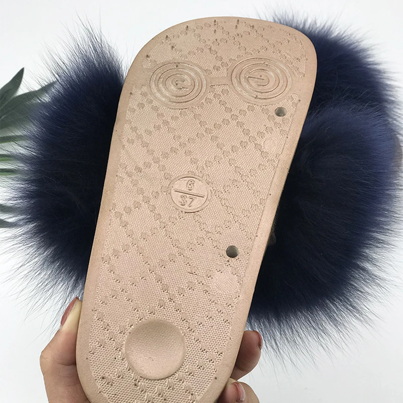 Yu Kube High Quality Plush Furry Real Fur Slippers N Ladies Real Fox Hair Slides Summer Shoes Women Plus Size Flip Flops