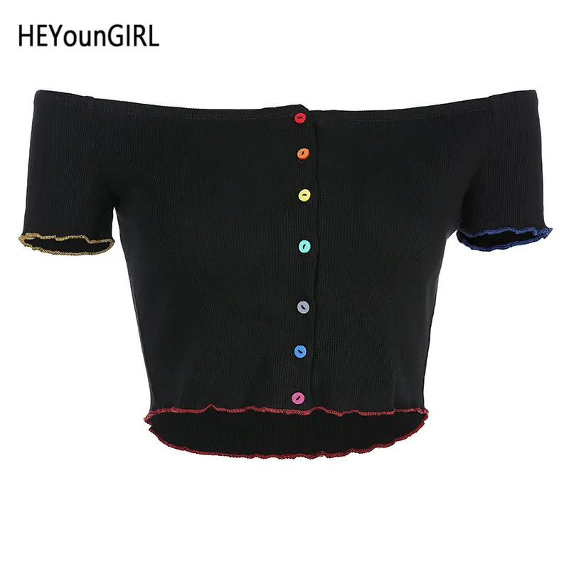 HEYounGIRL повседневные топы с открытыми плечами для женщин Harajuku короткий рукав укороченный Топ Футболка Красочные пуговицы модная женская футболка - Цвет: Черный