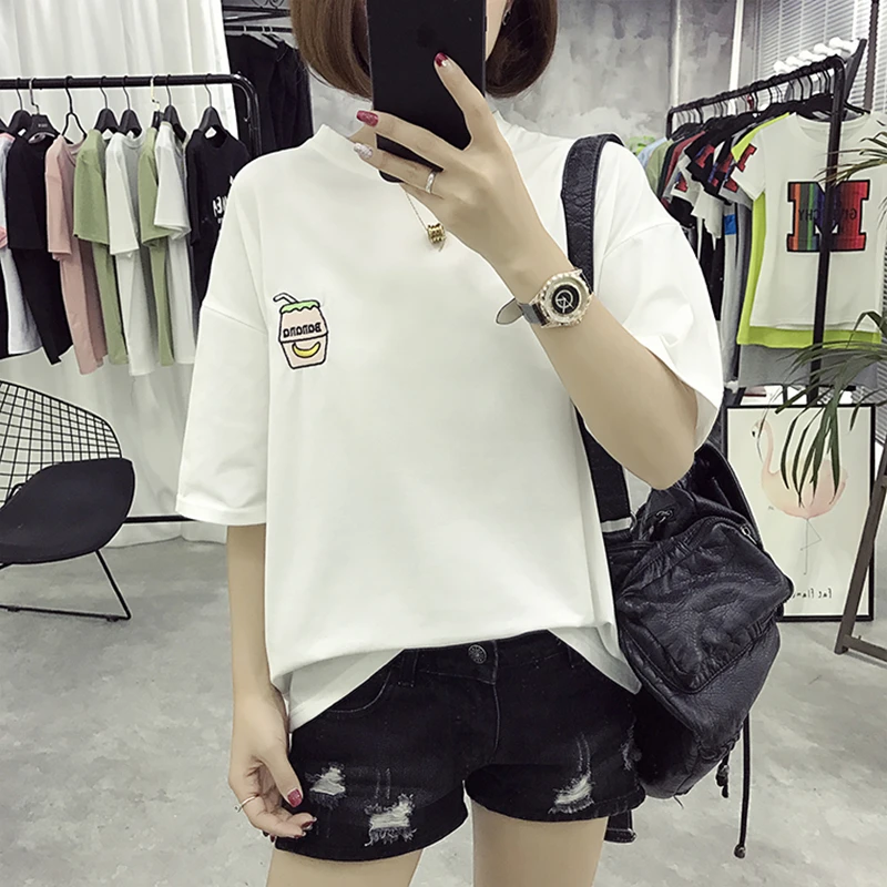 Летние новые милые напитки Бутылка вышивка женские топы с коротким рукавом