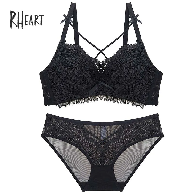 Black Roseheart Женские Модные фиолетовые пикантное Красное Нижнее белье бюстгальтеры вышивка кружевной бант хлопковые трусики беспроводные комплекты бюстгальтеров нижнее белье A B Роскошные - Цвет: Black