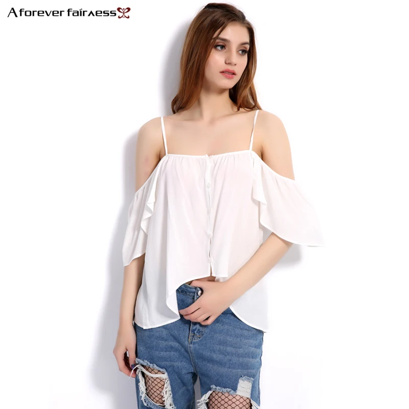 

A Forever 2019 Summer For Women Crop Tops Casual White Slash Neck Off Shoulder Straps Shirt irregul Sexy Blouse blusa AFF1113