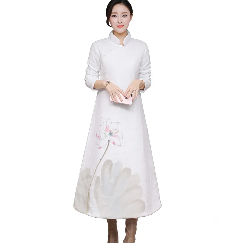 Dress Chinese Style Winter Dresses Women 2019 White Ink Painting Warm Quilted Cheongsam Retro National Ladies TA1259 | Тематическая