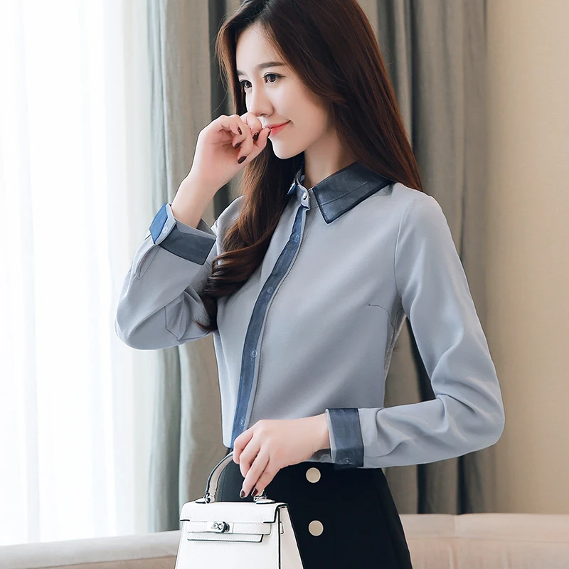 Blusas mujer de moda Женские топы и блузки шифоновые офисные женские однотонные женские блузки на пуговицах 1738 50 - Цвет: Синий