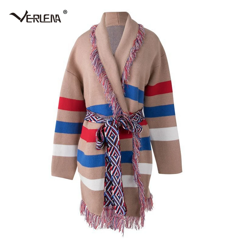 Verlena 2019 теплый толстый кардиган в полоску с поясом зимний свитер женские вязаные