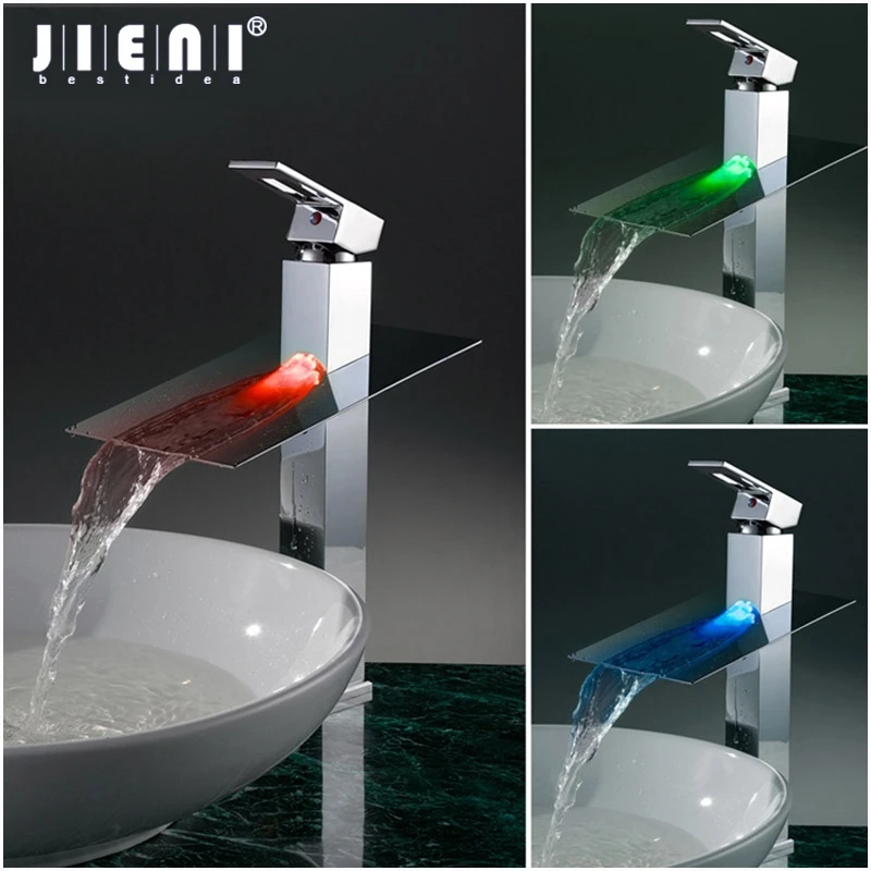 

JIENI LED Chrome Tall Basin Faucet Water Tap New Bathroom Sink Mixer Waterfall Torneira Vanity Vessel Sinks Mixers Taps Faucets