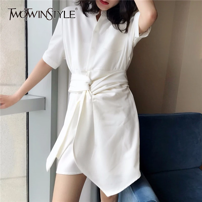 TWOTWINSTYLE белое платье рубашка женская мода мини на шнуровке повседневная одежда в