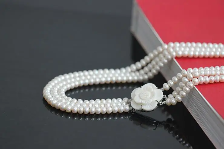 Charming Freshwater Pearl 3Rows Necklace Shell Flower Clasp 8mm 18-22inches Factory Wholesale price Women Gift word Jewelry | Украшения и