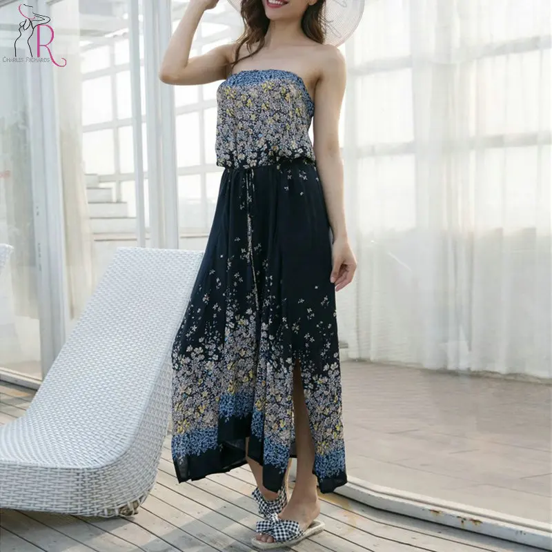 Три цвета Boho контрастный бандо шнурок талии Сплит Сторона Макси платье для