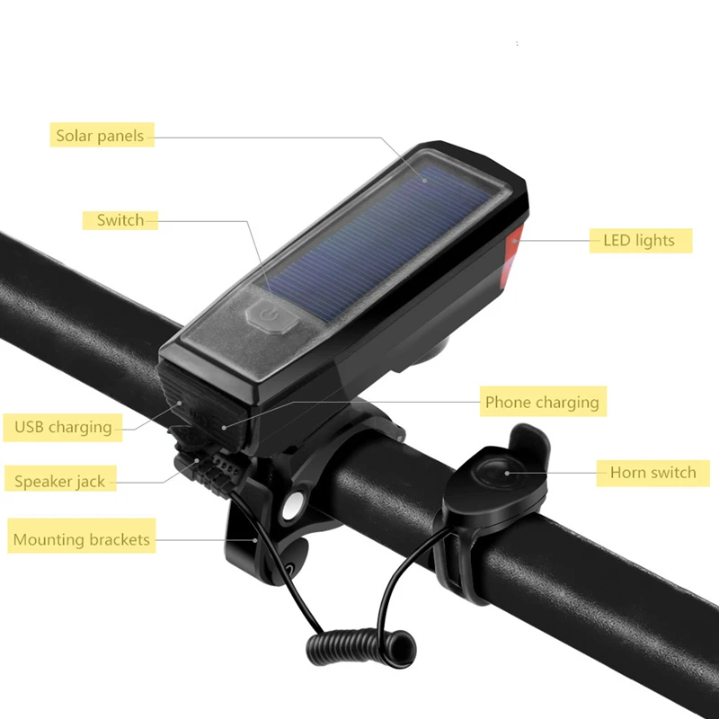 Фонарь велосипедный светодиодный на солнечной батарее с зарядкой от