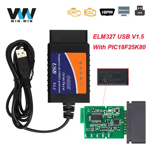ELM327 V1.5 USB CH340 для ПК Windows PIC18F25K80 ELM 327 V 1 5 USB автомобильный диагностический инструмент OBD2 Авто OBD 2 сканер ODB2 считыватель кодов