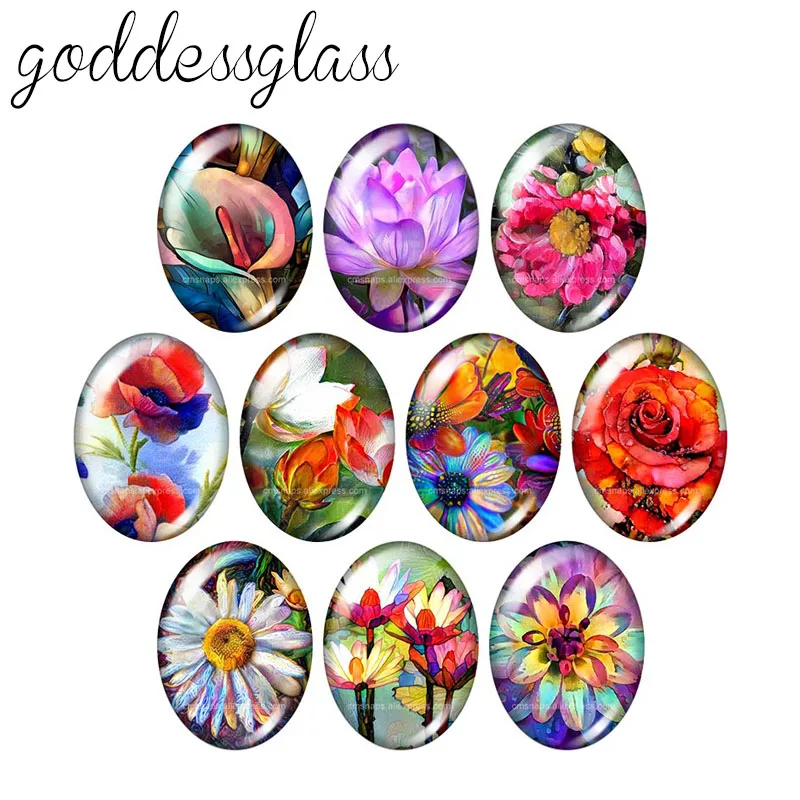 

TB0215 Oil paintings Lotus Daisy 10pcs mixed 13x18mm/18x25mm/30x40mm Oval photo glass cabochon demo flat back Making findings