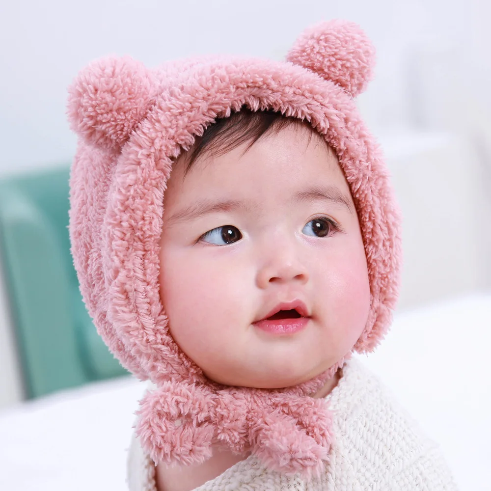 Милый медведь уши ребенка Шапки 6-36 месяцев младенческой Bebe осень-зима теплая шапка шапки флис для мальчиков и девочек капот ушанки