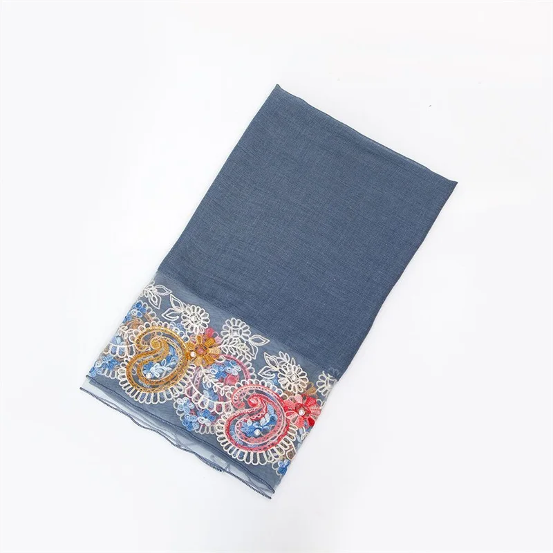 Denim Blue Wuaumx осень Для женщин шарф вышитые хиджаб шарфы с жемчугом хлопок шарфы для женщин шали палантины леди, шарфы женские, осень женщины, шарф с бусами, шарф женский, платок женский - Цвет: Denim Blue