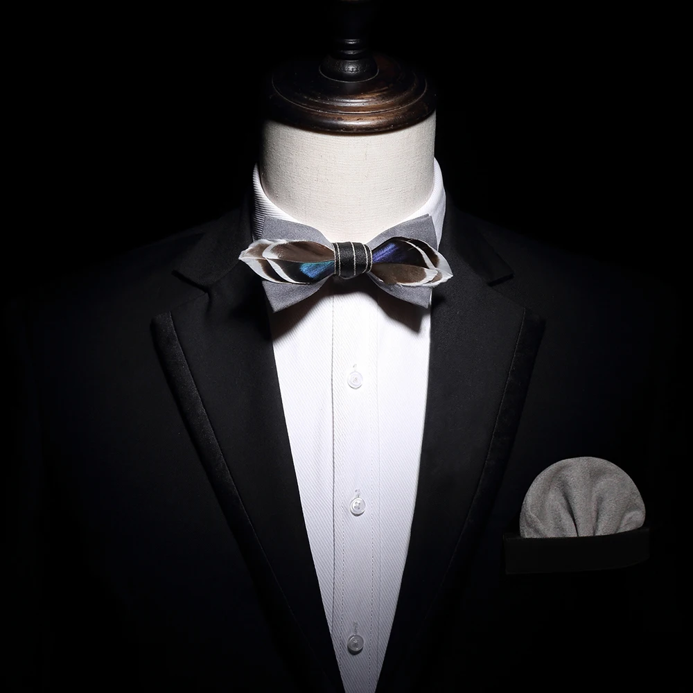 High Quality Men Bow tie Pocket Square Set Handmade Cut Feather Adjustable Formal Tie Bowtie Wedding Party cravat Fathers gift | Аксессуары