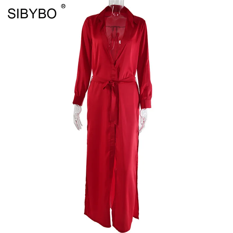 Sibybo сатиновое свободное сексуальное длинное платье с разрезом, женское летнее платье-рубашка с длинным рукавом и поясом, платье на пуговицах, пляжная одежда, макси Вечерние платья