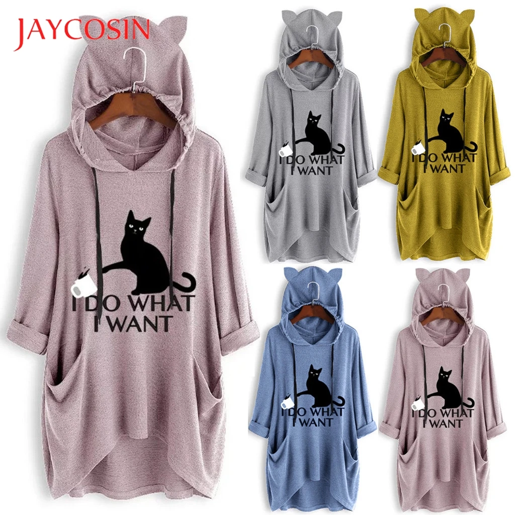 JAYCOSIN женские топы футболки повседневные штаны с принтом &quotКот&quot капюшоном
