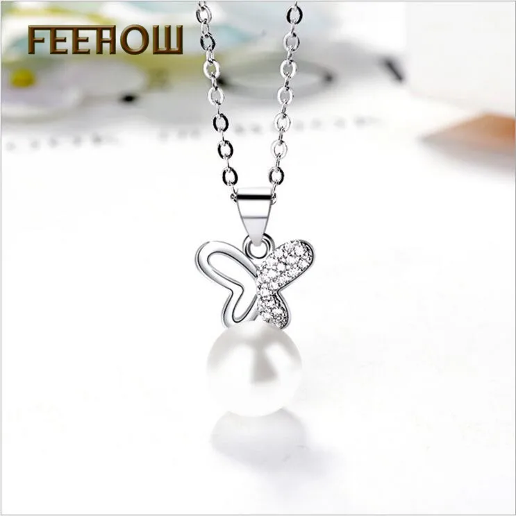 FEEHOW мода моделирование жемчуг Бабочка простой из серьг кольца и кулона набор для