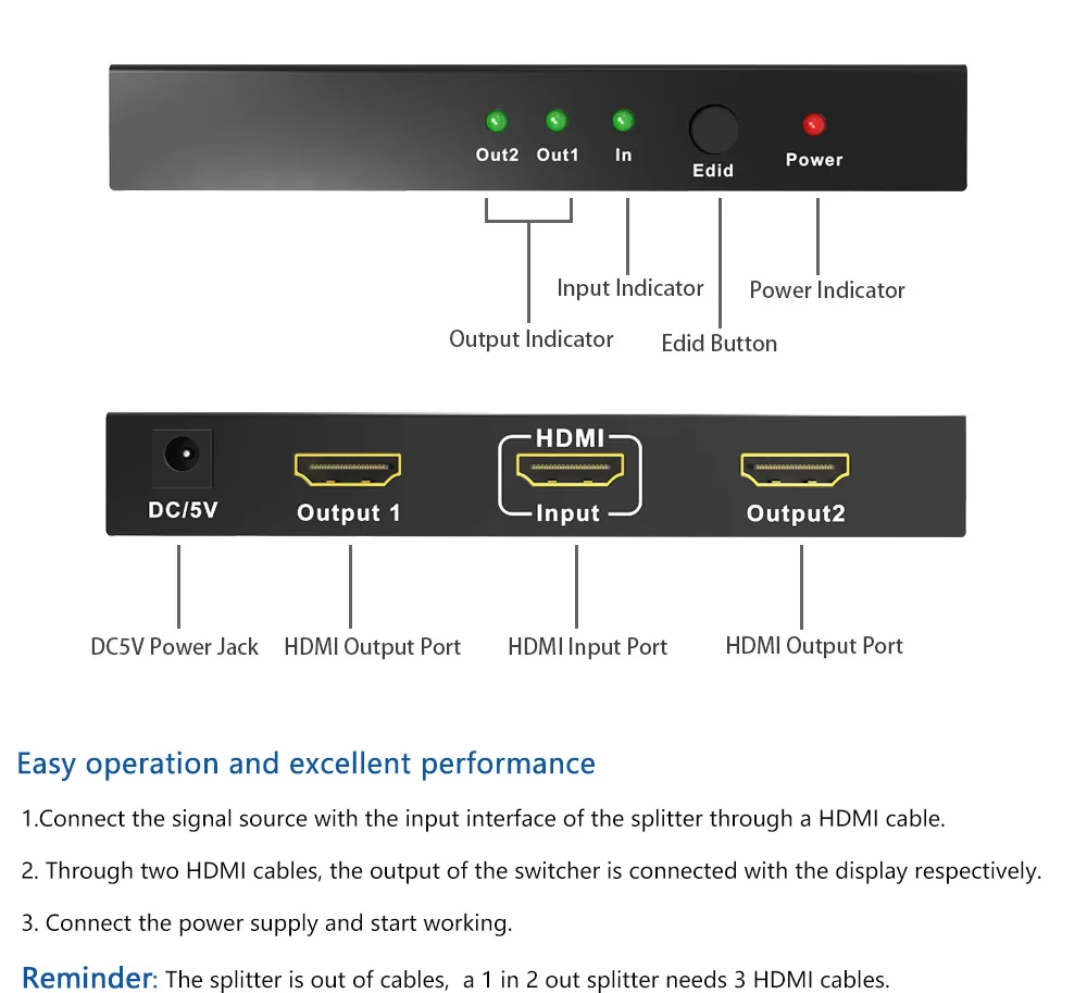 1x2 HDMI Сплиттер 4K 2 Way HDMI didriver сплиттер 1 в 2 Выход SGEYR сплиттер HDMI 2,0, HDCP2.2 4Kx2K@ 60 Гц с EDID переключателями