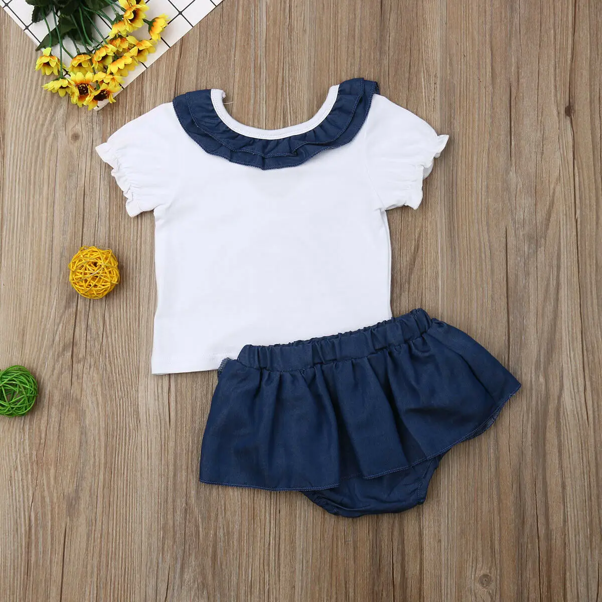 New Kid Baby Girls Ruffles Tops T-shirt Denim Romper Skirt Outfit Summer Clothes | Детская одежда и обувь