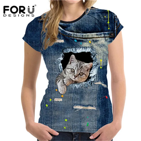 FORUDESIGNS/футболка с милым котом для женщин, Летний стиль, короткий рукав, женские футболки, 3D черный деним, с карманом, футболки для девочек, ropa mujer - Цвет: CA4914BV