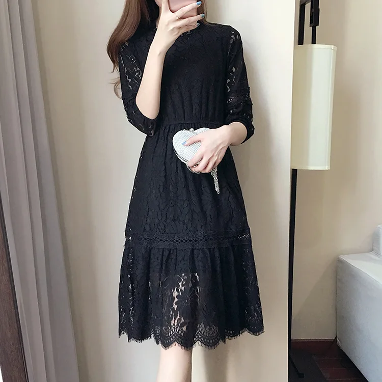 Новинка Корейские кружевные платья средней и длинной длины с семью рукавами
