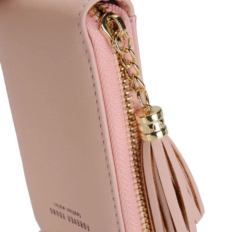 RFID кошелек держатель для карт женский кожаный маленький на молнии с кисточками