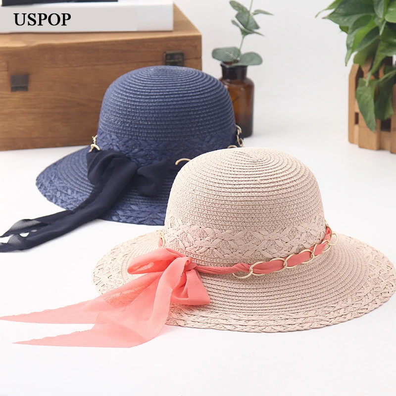 Женская Соломенная шляпка от солнца USPOP мягкая пляжная шляпа с широкими полями и