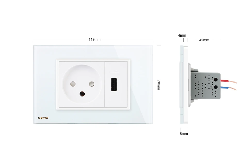 Livolo розетка с Usb зарядным устройством, белая/черная кристальная стеклянная панель, AC 250V16A настенная розетка, VL-C9C1IL1U-11/12