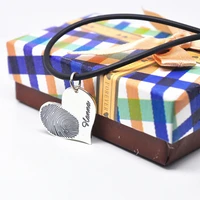 personalized fingerprint engraved necklace leather chain couple signature stamp heart pendent silver memory jewelry collier